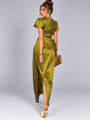 Elegant Satin Ruched Short Sleeve Maxi Dress