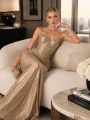Elegant Pleated Metallic Tie-Waist Party Slit Gown Maxi Dress