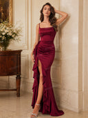 Elegant Satin Ruched Ruffle Slit Maxi Dress