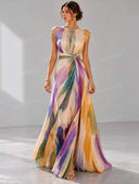 Elegant Abstract Watercolor Print Ruched Waist Maxi Dress