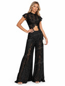 Lace Long-sleeved Top And Wide-leg Pants Set（Headscarf Not Included）