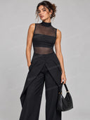 Elegant Sheer Mesh Bodysuit & Wide Leg Pants Two Piece Set