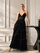 Elegant Lace Floral Applique A-Line Maxi Dress