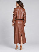 Faux Leather Belted Jacket & Maxi Skirt Two Piece Set
