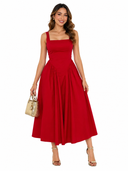 Elegant Red Square Neck Sleeveless Midi Dress