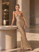 Elegant Pleated Metallic Tie-Waist Party Slit Gown Maxi Dress
