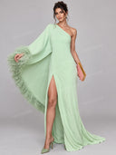 Elegant Feather Trim One Shoulder Slit Maxi Dress