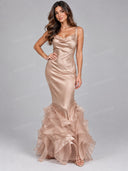 Elegant Satin Mermaid Ruffle Hem Maxi Dress
