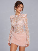 Elegant Lace Faux Fur Long Sleeve Mini Dress