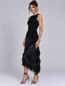 Elegant Ribbed Knit Top & Layered Fringe Midi Skirt Set