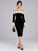 Elegant Lace Trim Off Shoulder Velvet Midi Dress