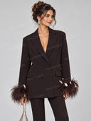Feather Trim Double Breasted Blazer & Wide Leg Pants Two Piece Set