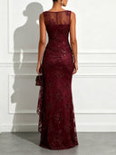 Elegant Floral Embroidered Mesh Ruched Maxi Dress