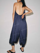 Relaxed Deep V-Neck Pleated Wide Leg Jumpsuit