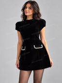 Elegant Velvet Puff Sleeve Pearl Trim Mini Dress