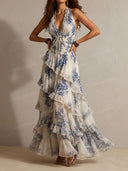 Boho Floral Halter Lace-Up Ruffle Maxi Dress