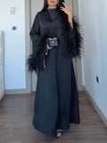Elegant Feather-Trim Batwing Sleeve Maxi Dress