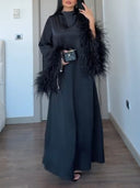Elegant Feather-Trim Batwing Sleeve Maxi Dress