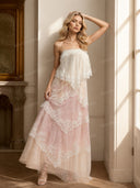 Ombre Tiered Lace Trim Spaghetti Strap Maxi Dress