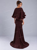 Elegant Feather Trim Cape Sleeve Mermaid Maxi Dress