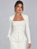 Elegant Square Neck Top & Front Zip Midi Skirt Set