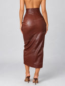Sheer High Neck Blouse &Crocodile Embossed Midi Skirt Set