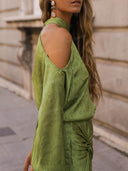 Elegant Satin Off-Shoulder Twist Front Slit Maxi Dress
