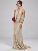 Sexy Metallic Halter Plunge Neck Draped Maxi Dress