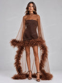 Feather Trim Sheer Cape Mini Dress