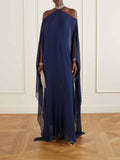 Elegant Halter Cape Chiffon Maxi Dress