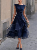 Elegant Organza Pleated Waist Ruffle Midi Dress