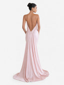Elegant Halter-neck Draped Satin Train Maxi Dress