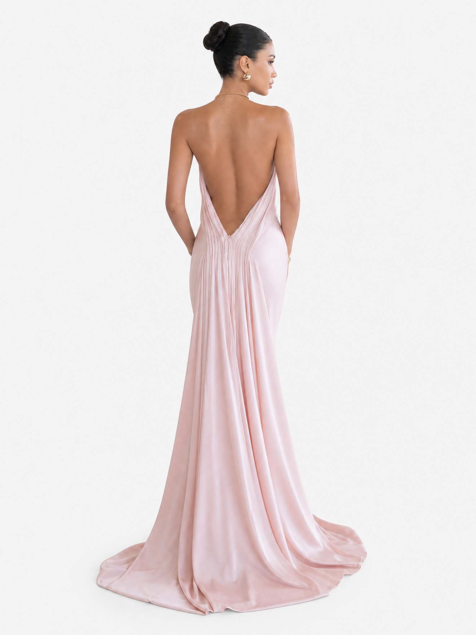 Elegant Halter-neck Draped Satin Train Maxi Dress