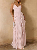 Elegant Spaghetti-Strap Ruffled Pleated Chiffon Maxi Dress