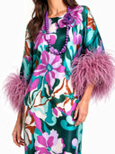 Elegant Floral Print Feather Cuff Satin Maxi Dress