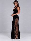 Sexy Velvet Lace Panel Bodycon Maxi Dress