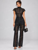 Sexy Floral Lace High Neck Tunic Top & Pants Two Piece Set