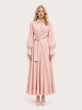 Pink Stripe Print Long Sleeve Waist Tie Maxi Shirt Dress