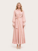 Pink Stripe Print Long Sleeve Waist Tie Maxi Shirt Dress