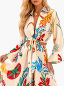 Retro Colorful Floral Print Tie-Front Shirt & Maxi Skirt Two-Piece Set