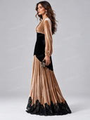 Elegant Velvet Color Block Lace Trim Maxi Dress