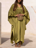 Elegant Satin Choker Neck Batwing Sleeve Kaftan Maxi Dress