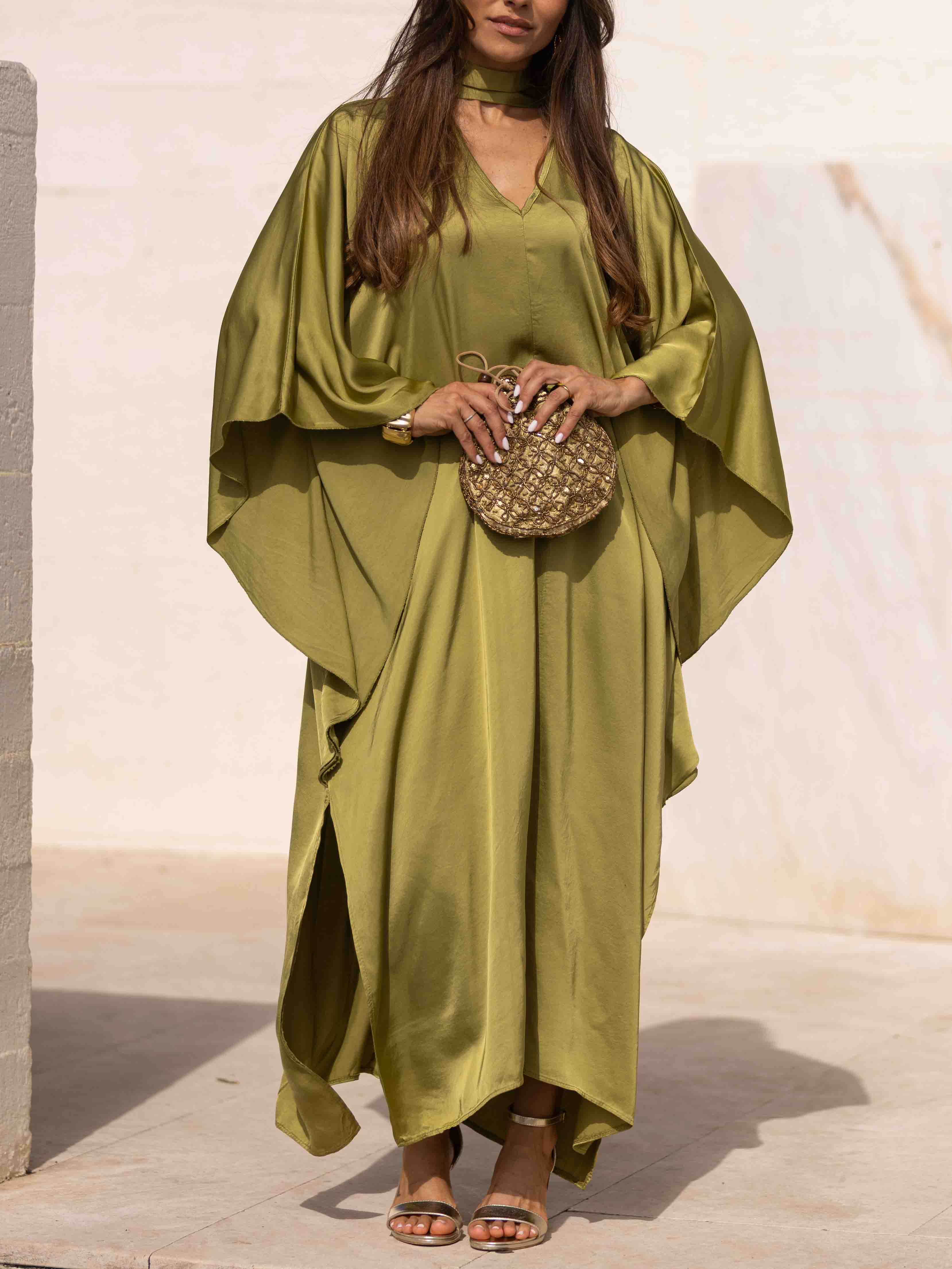 Elegant Satin Choker Neck Batwing Sleeve Kaftan Maxi Dress