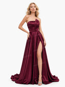 Elegant Strapless Pleated High-Slit Satin Maxi Dress
