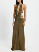 Elegant Rhinestone Halter Cutout Draped Maxi Dress