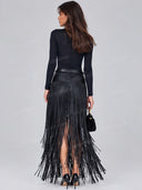 Elegant Fitted Long Sleeve Top & Fringe Maxi Skirt Two Piece Set