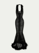 Sexy Feather Trim Sheer Ruched Maxi Dress