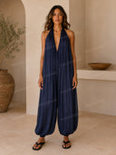 Relaxed Deep V-Neck Pleated Wide Leg Jumpsuit