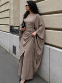 Batwing Sleeve Side Drawstring Tunic Top & Wide‑Leg Pants Two‑Piece Set