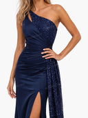 Elegant One-Shoulder Sequin Slit Evening Maxi Dress